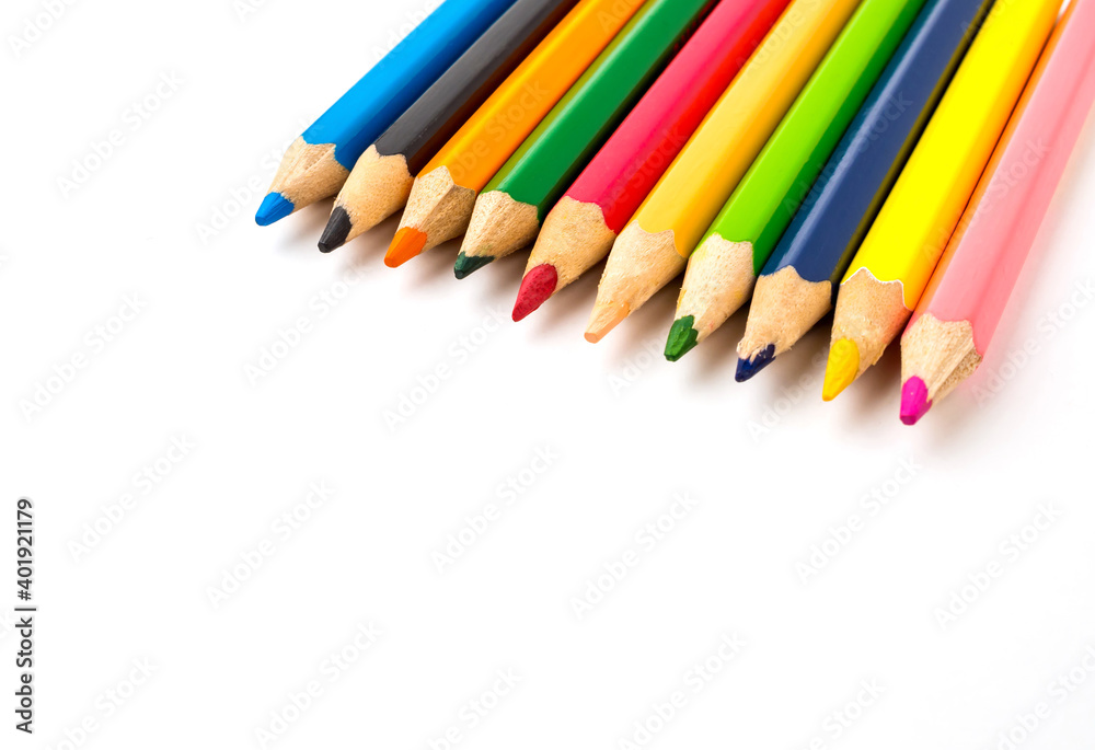 Colored pencils on white background. Stationery Colored pencils on white background. Stationery