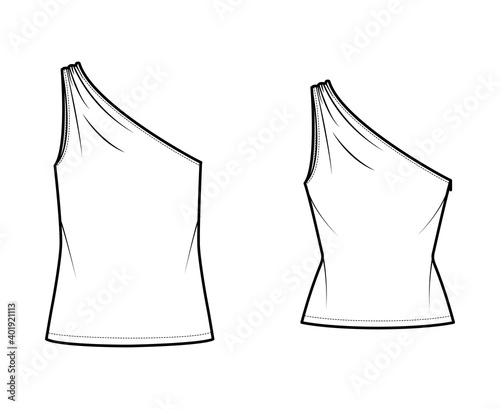 Set of One-shoulder tops tank technical fashion illustration with ruching, fitted and oversized body, tunic length hem. Flat outwear shirt template front, white color. Women, men unisex CAD mockup