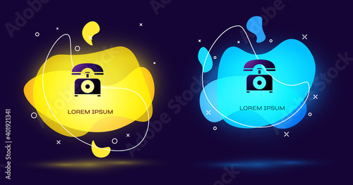 Black Telephone icon isolated on black background. Landline phone. Abstract banner with liquid shapes. Vector Illustration.