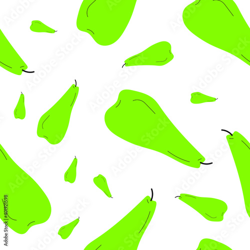 Ripe elongated green pears in seamless pattern on white. Simple and flat hand drawn design. Suits for wrapping, packaging, boxing. Great as background, banner or fabric.