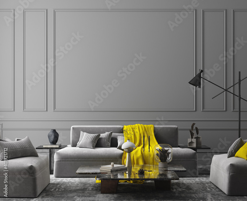 Elegant dark grey interior, colors of the year 2021, 3d render	