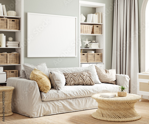 Mockup poster frame in cozy home interior background, 3d render