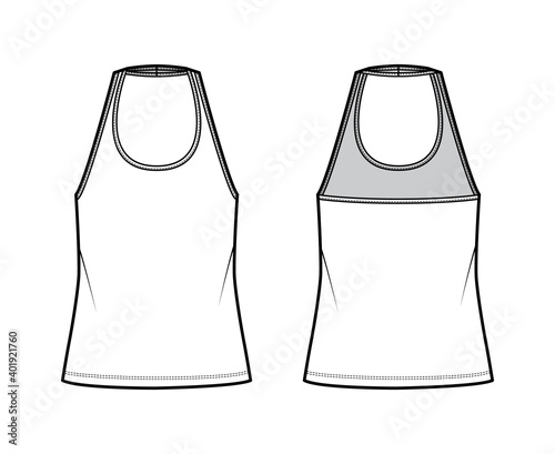 Tank halter scoop neck top technical fashion illustration with oversized, tunic length. Flat apparel shirt outwear template front, back, white color. Women men unisex CAD mockup