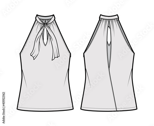 Top V-neck halter tank technical fashion illustration with tie, wrap, oversized, bow, tunic length. Flat outwear template front, back, grey color. Women men unisex CAD mockup