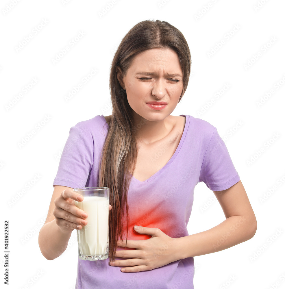 Young woman with milk allergy on white background Young woman with milk allergy on white background