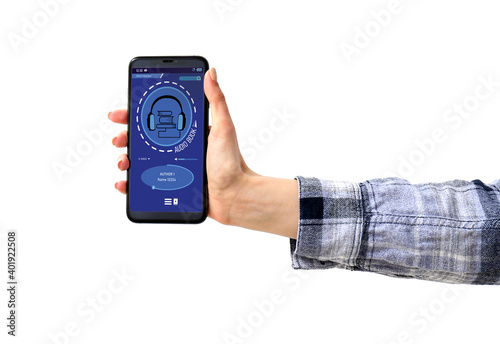 Wallpaper Mural Woman using audiobook application on modern smartphone against white background Torontodigital.ca
