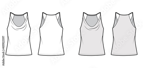 Tank low cowl Crop Camisole technical fashion illustration with thin adjustable straps, oversized, waist length. Flat outwear top template front, back, white, grey color. Women men unisex CAD mockup