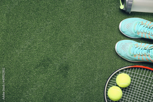 Obraz na plátně Set of sport equipment on color background