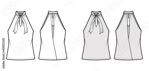Top V-neck halter tank technical fashion illustration with tie, wrap, oversized, bow, tunic length. Flat outwear template front, back, white, grey color. Women men unisex CAD mockup