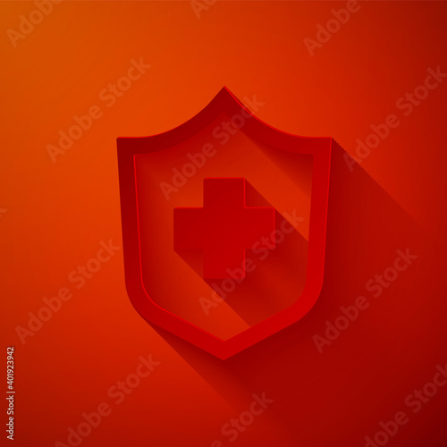 Paper cut Health insurance icon isolated on red background. Patient protection. Security, safety, protection, protect concept. Paper art style. Vector..