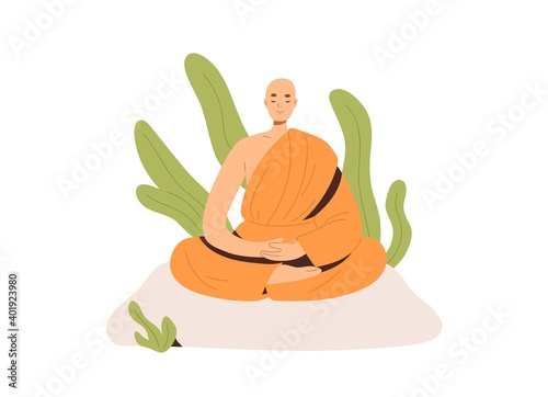 Peaceful Buddhist monk in robe meditating in lotus posture with closed eyes. Meditation and yoga practicing. Zen and nirvana concept. Colored flat vector illustration isolated on white background