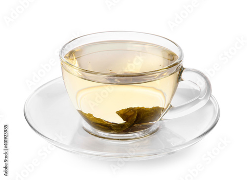 Cup of green tea on white background