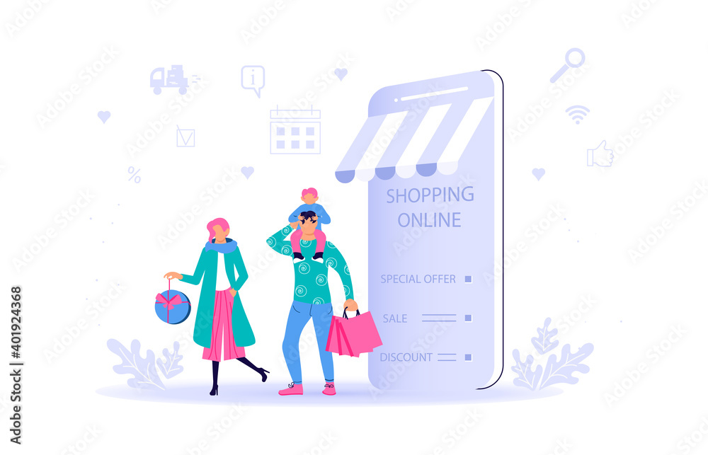 Ecommerce retail on device for customer application on white background. People going for shopping to smartphone and go out happy with bags after deals. Vector flat illustration