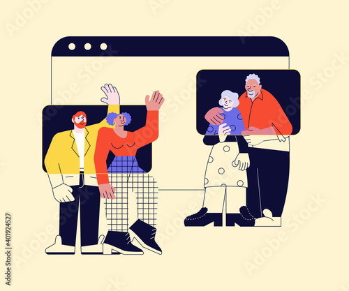 Video conference and online meeting. People talking by internet on laptop screen.Young people communicate with seniors. Flat Art Vector Illustration