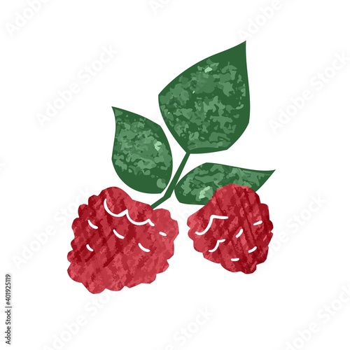 Fresh tasty hand drawn raspberry with leaves vector flat illustration. Ripe organic natural red berries isolated on white background. Colorful seasonal edible plant, healthy nutrition
