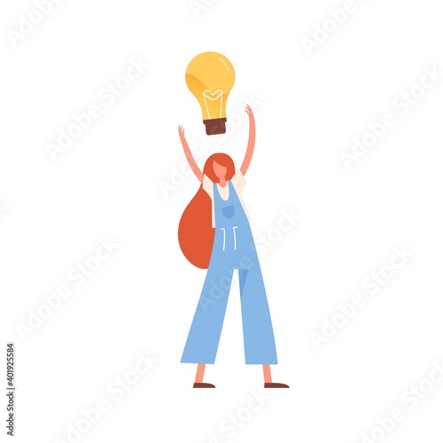 Woman with giant lightbulb over head vector flat illustration. Modern female with creative imagination brainstorming or generating new idea isolated. Concept of innovation, solution and creativity