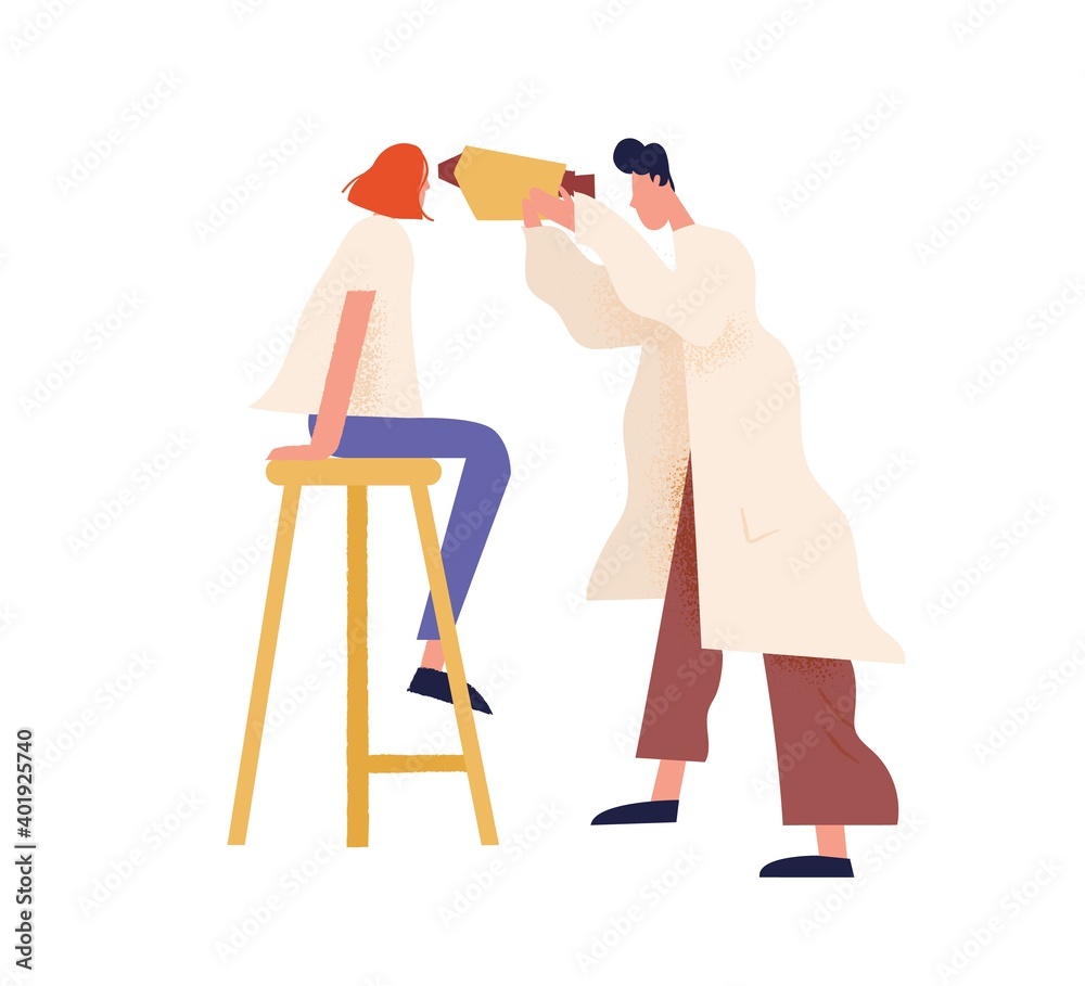 Professional ophthalmologist examining eyes of female with equipment vector flat illustration. Doctor and patient at regular eyesight check isolated. Medical vision diagnostics, ophthalmology service