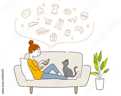 ベクターイラスト素材：スマホでネットショッピングをする女性
