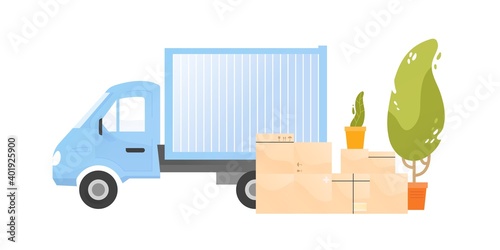 Truck near a pile of cardboard boxes with belongings and houseplants vector flat illustration. Cargo transportation for moving to new house isolated. Vehicle of shipping service or transport company