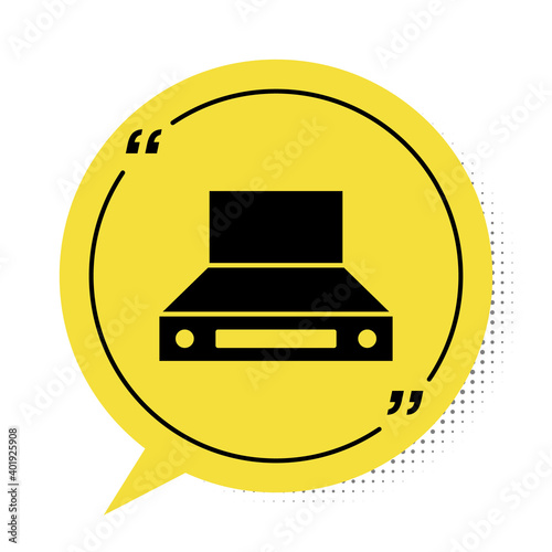 Black Kitchen extractor fan icon isolated on white background. Cooker hood. Kitchen exhaust. Household appliance. Yellow speech bubble symbol. Vector.