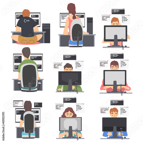 Web Developer or Programmer Working In Front of Computer Screen Vector Illustration Set