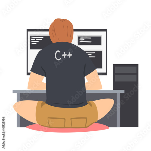 Man Web Developer or Programmer Working In Front of Computer Screen Vector Illustration