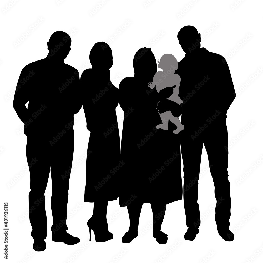 Vector black silhouettes of people, family, parents, mom and dad, grandmother carries a baby in his arms, women in headscarves, a group of 4 people of different sex and body size.
