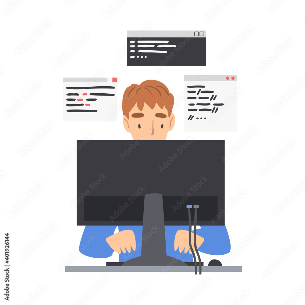 Man Web Developer or Programmer Working In Front of Computer Screen Vector Illustration