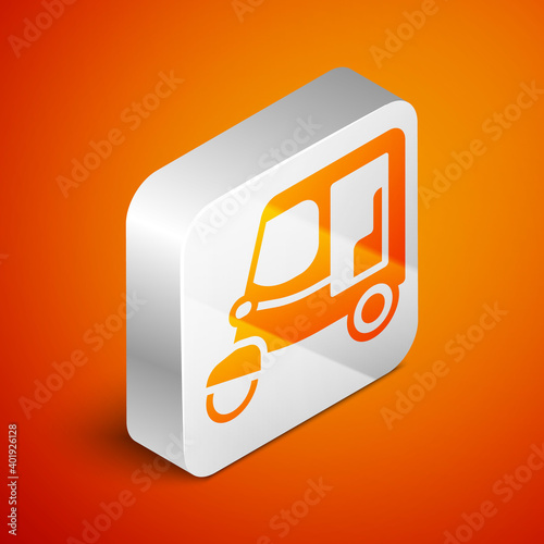 Isometric Taxi tuk tuk icon isolated on orange background. Indian auto rickshaw concept. Delhi auto. Silver square button. Vector.