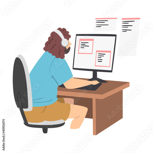 Bearded Man as Software Developer or Programmer Engaged in Coding in Server-side Framework on Computer Vector Illustration