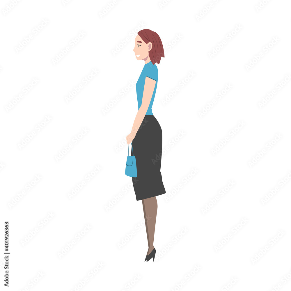 Side View of Young Woman in Elegant Clothes with Bag Standing and Waiting Cartoon Style Vector Illustration Side View of Young Woman in Elegant Clothes with Bag Standing and Waiting Cartoon Style Vector Illustration