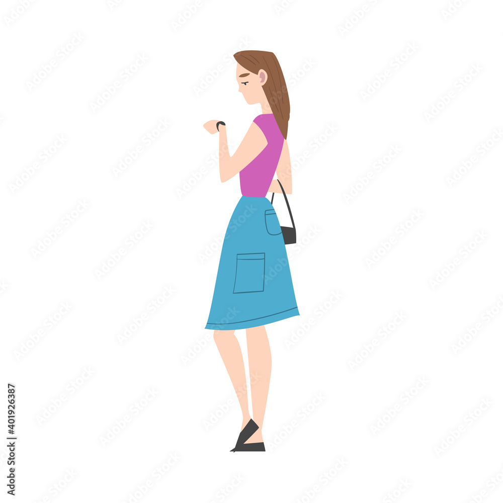 Young Woman Wearing Casual Dress Standing and Waiting Cartoon Style Vector Illustration Young Woman Wearing Casual Dress Standing and Waiting Cartoon Style Vector Illustration