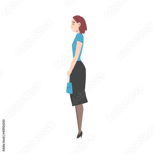 Side View of Young Woman in Elegant Clothes with Bag Standing and Waiting Cartoon Style Vector Illustration