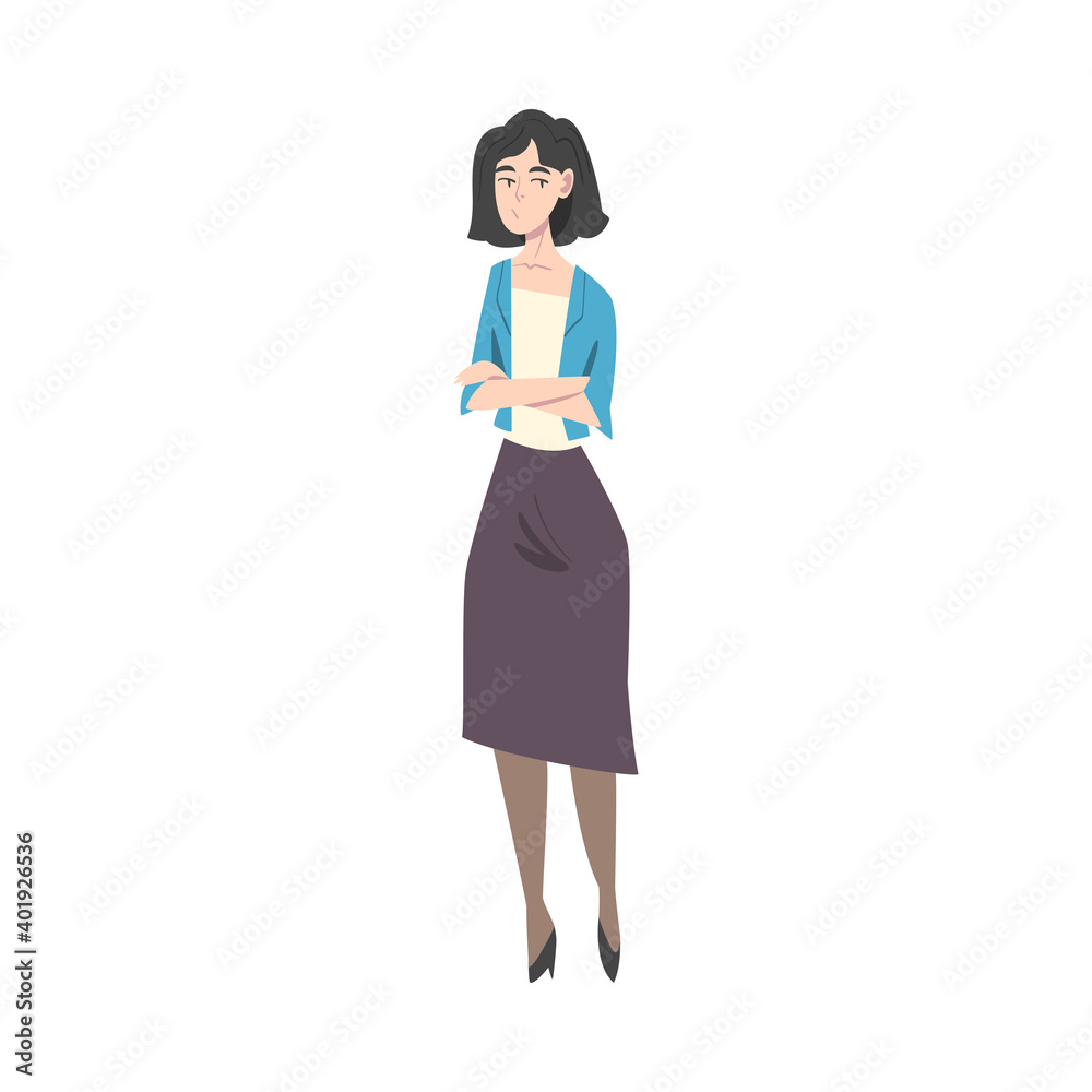 Young Woman in Casual Clothes Standing with Folded Hands and Waiting Cartoon Style Vector Illustration Young Woman in Casual Clothes Standing with Folded Hands and Waiting Cartoon Style Vector Illustration