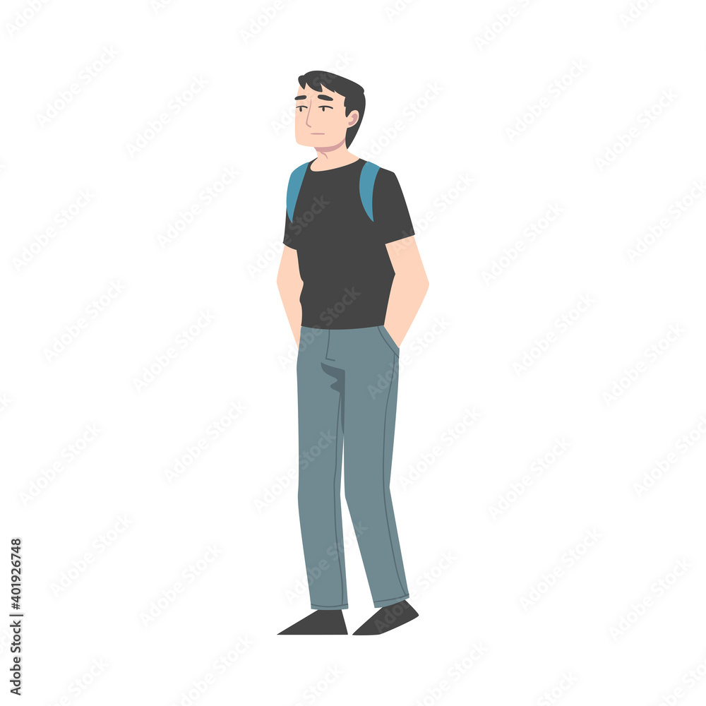 Young Man with Backpack Standing and Waiting Cartoon Style Vector Illustration Young Man with Backpack Standing and Waiting Cartoon Style Vector Illustration