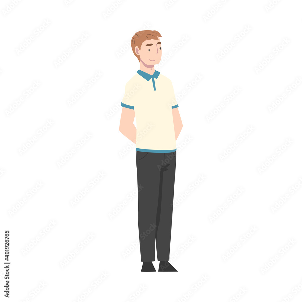 Young Man Standing with Hands Behind His Back and Waiting Cartoon Style Vector Illustration