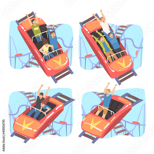 People Having Fun in Roller Coaster Set, Excited Guys and Girls Riding Small Fast Open Cars in Amusement Park Cartoon Style Vector Illustration