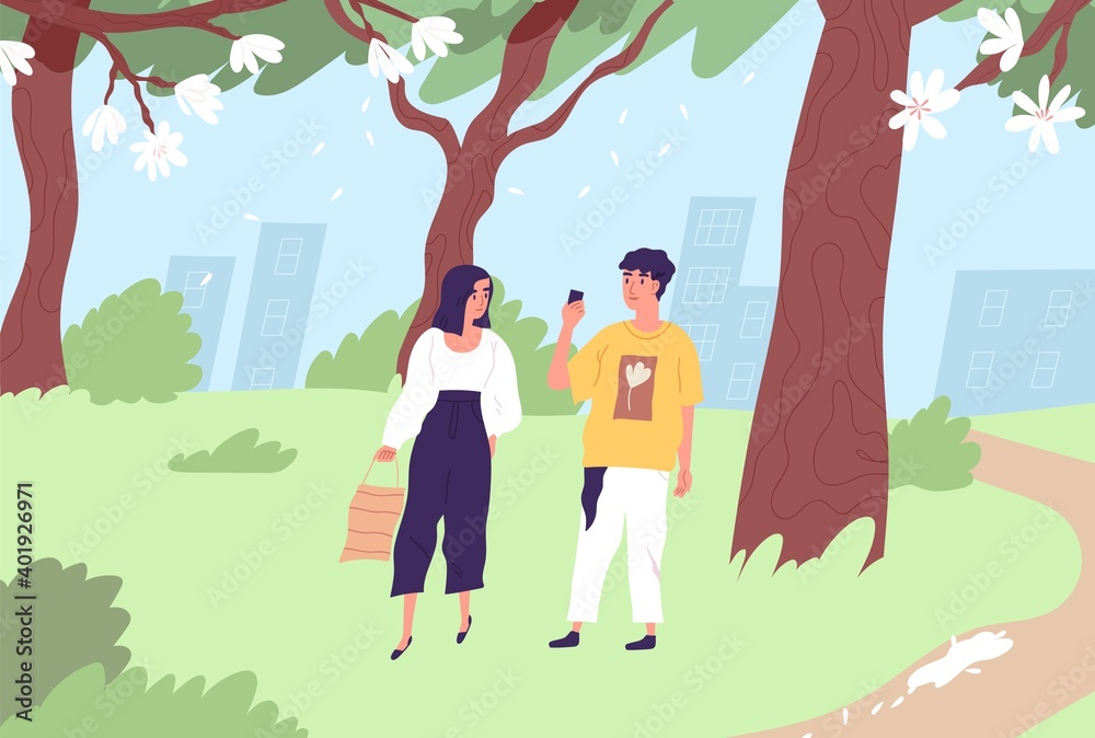 Happy couple walking in green city park in summer. Modern people strolling in nature. Young guy taking photo on phone of his stylish girlfriend. Colorful flat vector illustration on white Happy couple walking in green city park in summer. Modern people strolling in nature. Young guy taking photo on phone of his stylish girlfriend. Colorful flat vector illustration on white