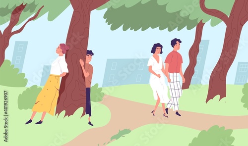 Young people walking and relaxing in urban park. Male and female characters spending leisure time in nature. Enjoying outdoor activity in city. Flat vector illustration