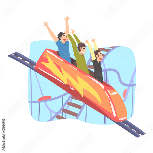 People Having Fun in Roller Coaster, Laughing Boys Riding Small Fast Open Car in Amusement Park, Side View Cartoon Style Vector Illustration