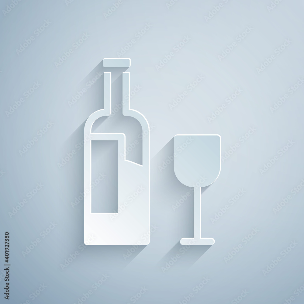 Paper cut Wine bottle with glass icon isolated on grey background. Paper art style. Vector. Paper cut Wine bottle with glass icon isolated on grey background. Paper art style. Vector.