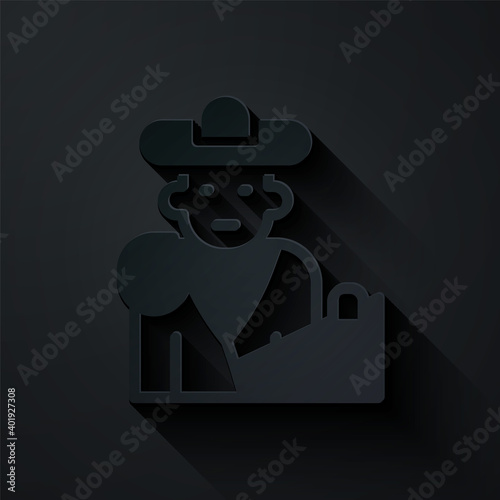 Paper cut Spain bullfight, matador icon isolated on black background. Traditional Spanish entertainment. Paper art style. Vector.