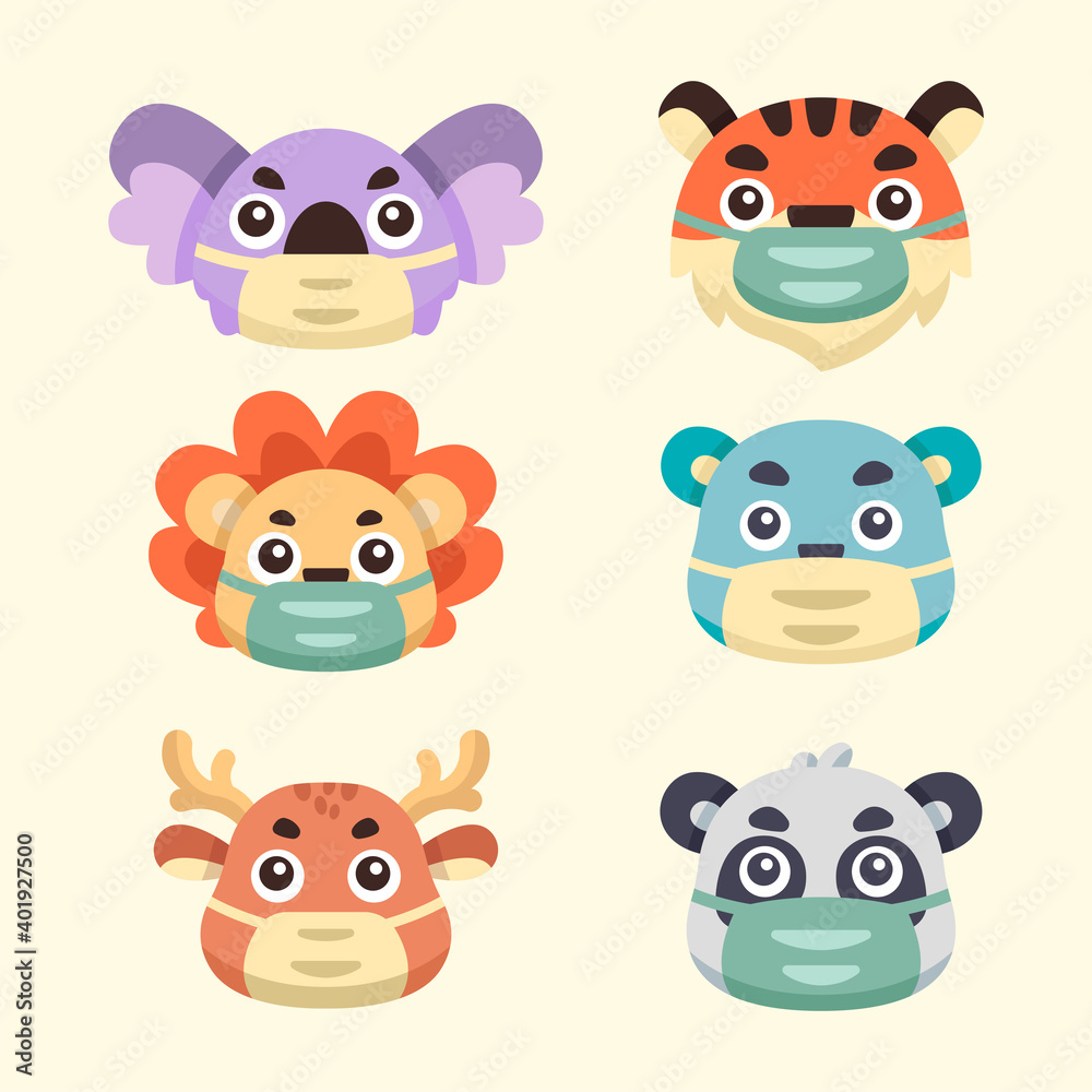collection cute animals illustrations wearing masks collection cute animals illustrations wearing masks