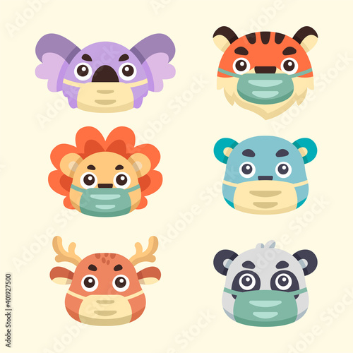 collection cute animals illustrations wearing masks