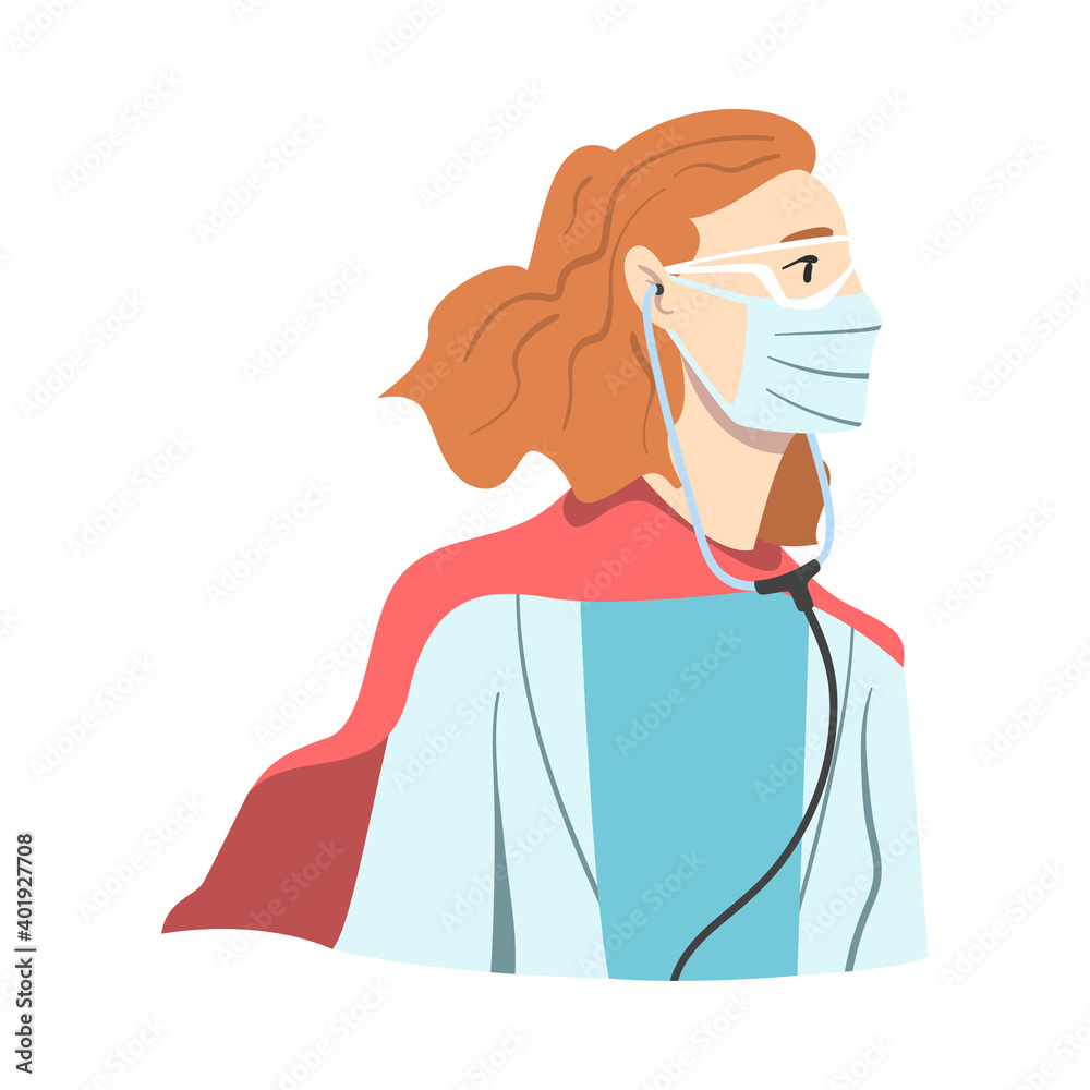 Doctor Superhero Wearing Medical Mask and Cape, Woman Doctor Fighting Against Viruses, Healthcare and Safety Concept Cartoon Style Vector Illustration Doctor Superhero Wearing Medical Mask and Cape, Woman Doctor Fighting Against Viruses, Healthcare and Safety Concept Cartoon Style Vector Illustration