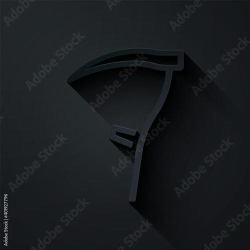 Paper cut Scythe icon isolated on black background. Happy Halloween party. Paper art style. Vector.