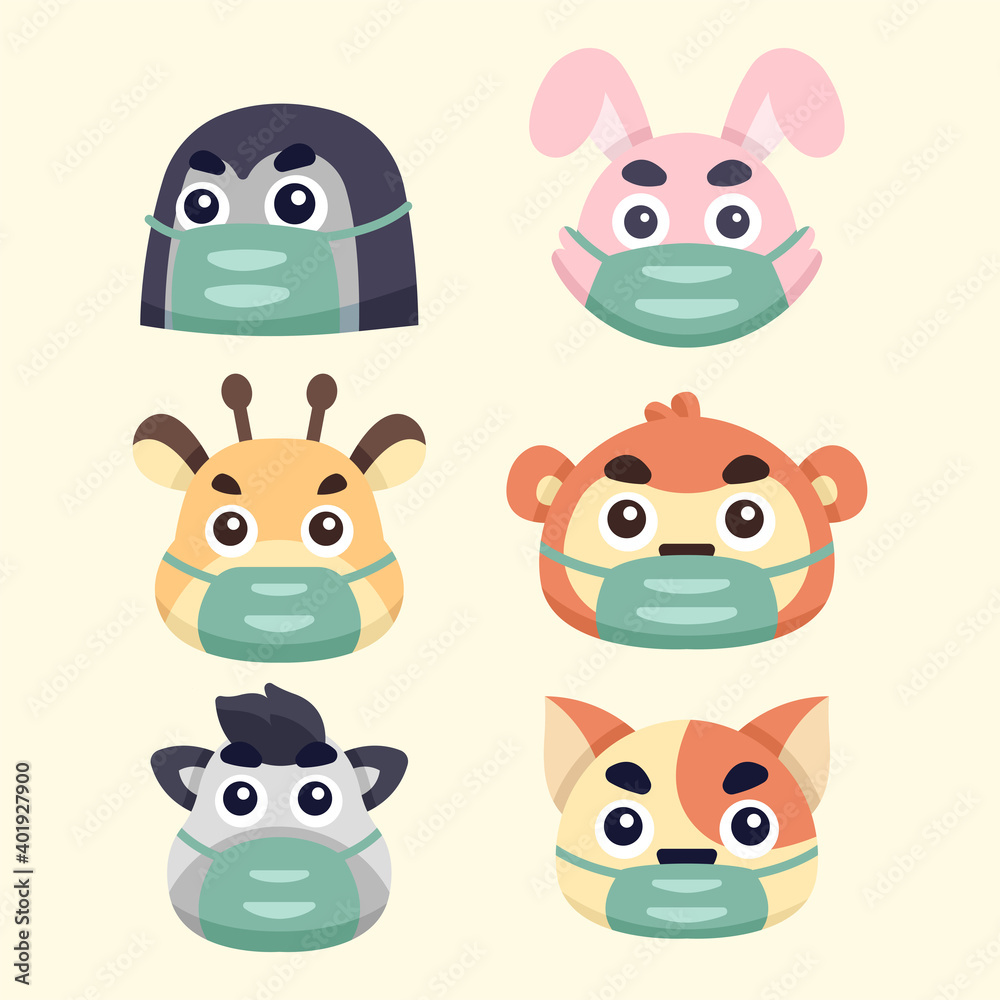 collection cute animals illustrations wearing masks