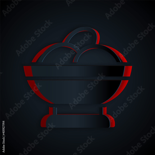 Paper cut Varenyky in a bowl icon isolated on black background. Pierogi, varenyky, dumpling, pelmeni, ravioli. Traditional Ukrainian food. Paper art style. Vector.