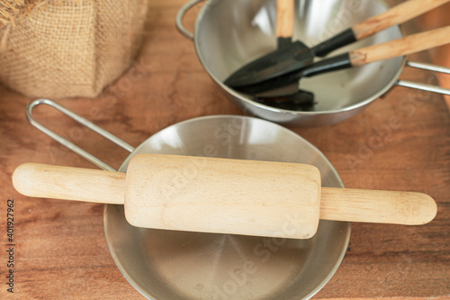 baking utensils on a wooden table