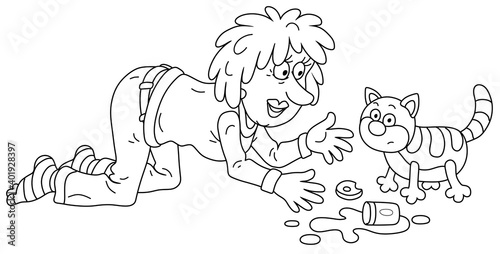 Merry young woman with bright dyed hair feeding and playing with a funny fat striped cat, black and white outline vector cartoon illustration